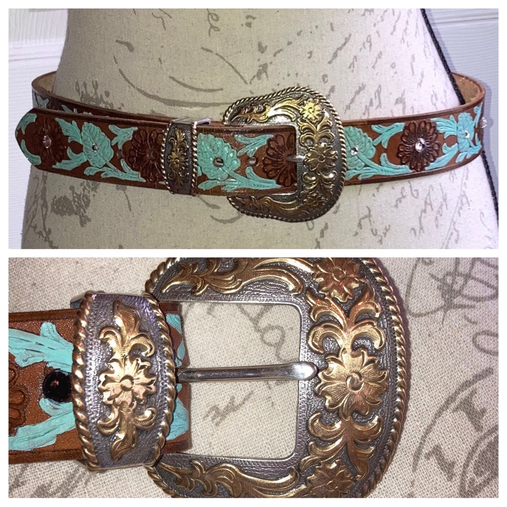 Vintage NWOT Red Spur Western Rodeo Cowgirl Bling Floral Tooled Leather Belt 34